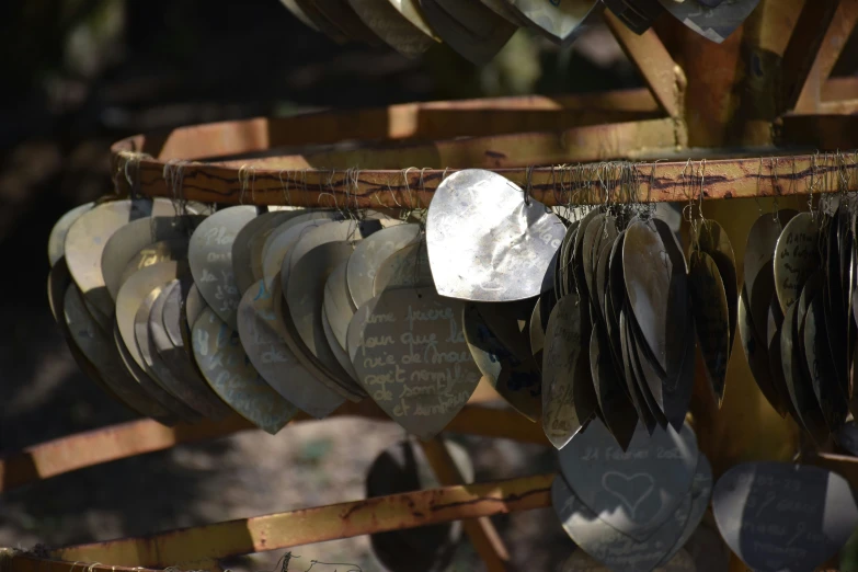 a bunch of small, white and brown plates hanging on wooden nches