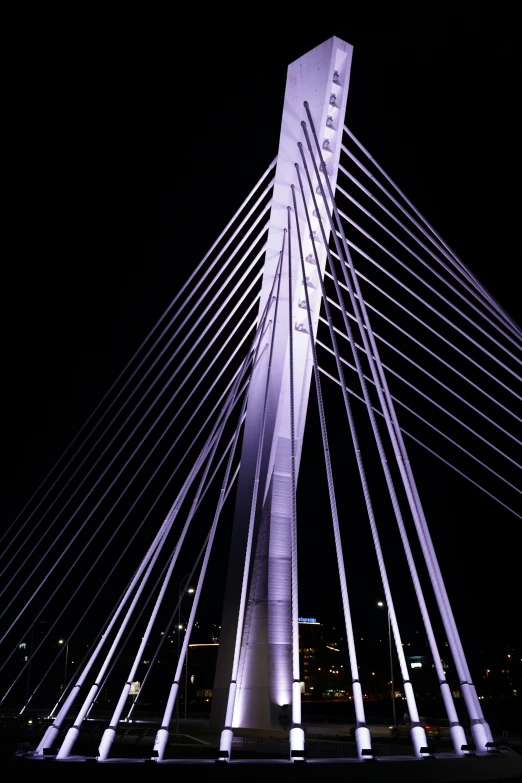 there is a white lighted bridge that looks as if it has a spire on it