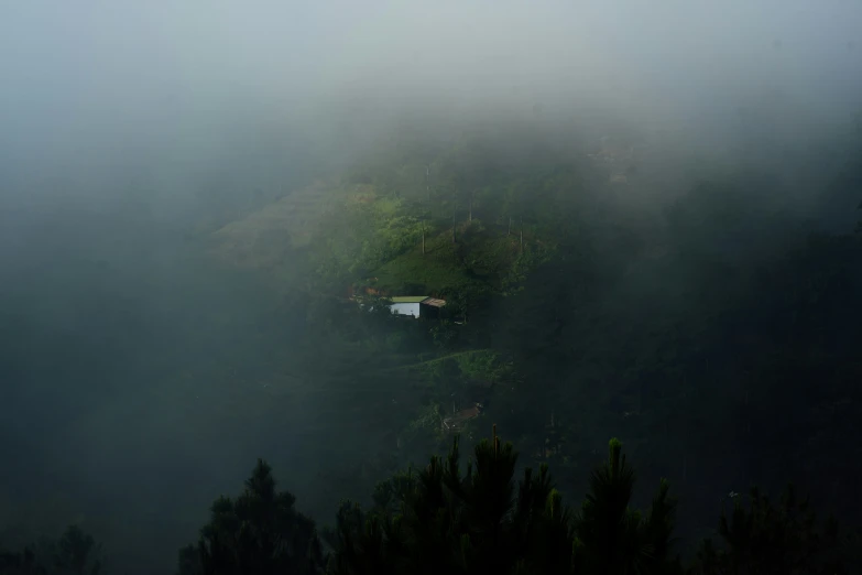 a foggy sky with several trees below and a white building on the side