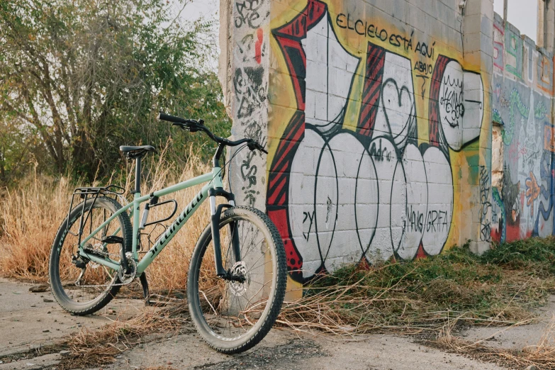 a bike sitting against the side of a building in an abandoned town