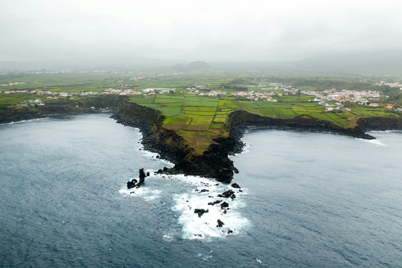 an aerial view of a river, a small island and green land