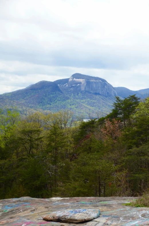 a view of a rocky mountain with graffiti on the rocks