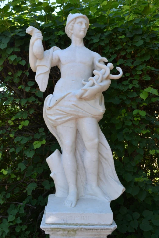 a statue with a tree behind it near leaves