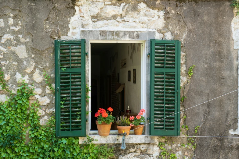 green shutters with pots of flowers on a stone building