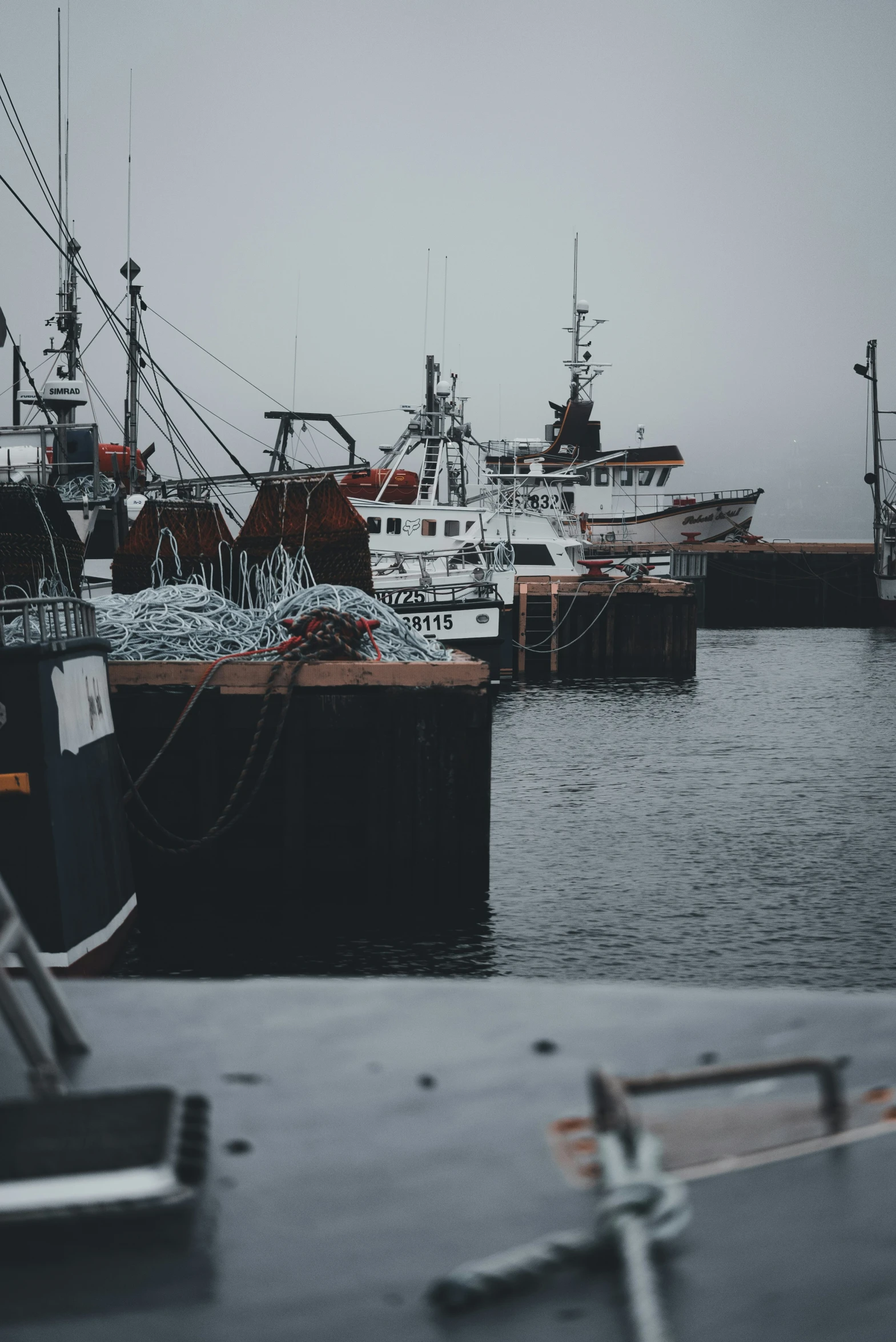 boats are lined up in a harbor on the water