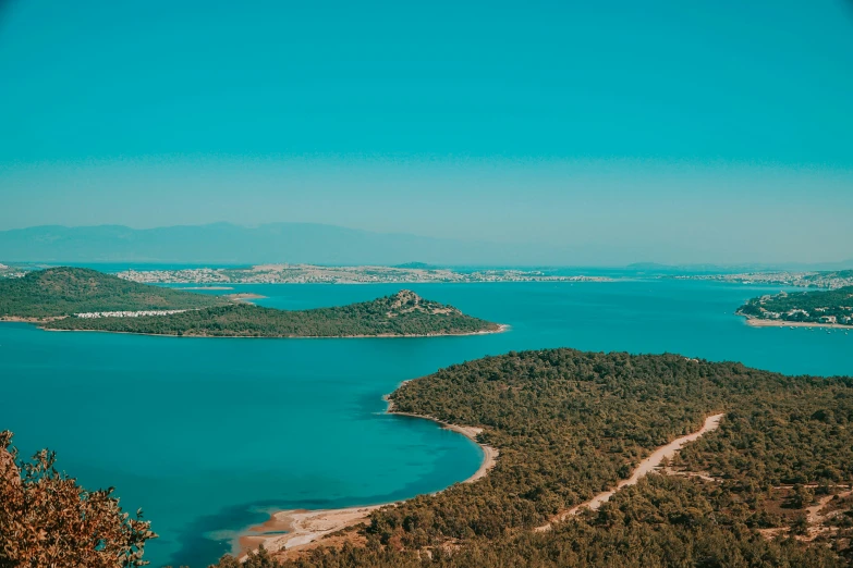 a view from a hill over the ocean with many trees