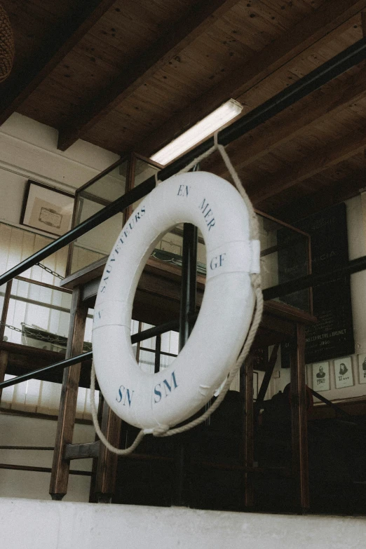a life preserver is hanging inside a boat