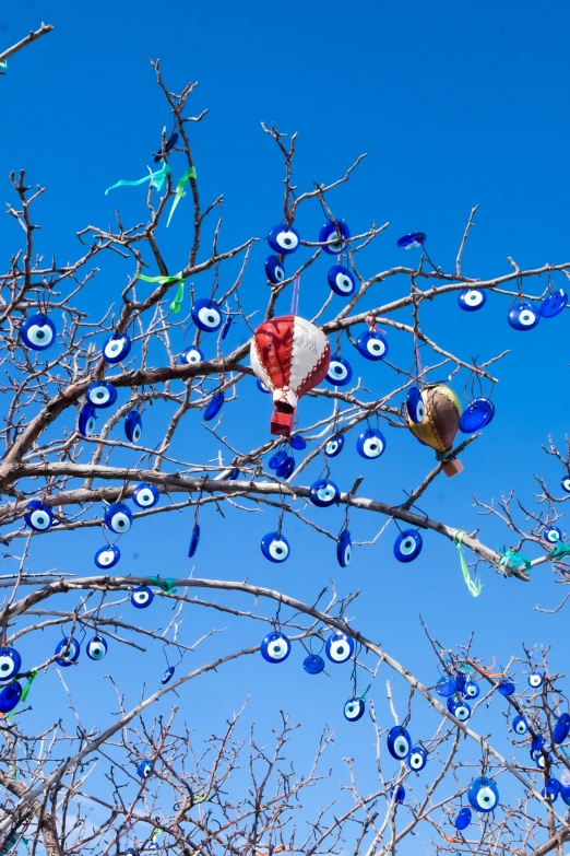 a paper bag sitting in a tree with blue glass eyes