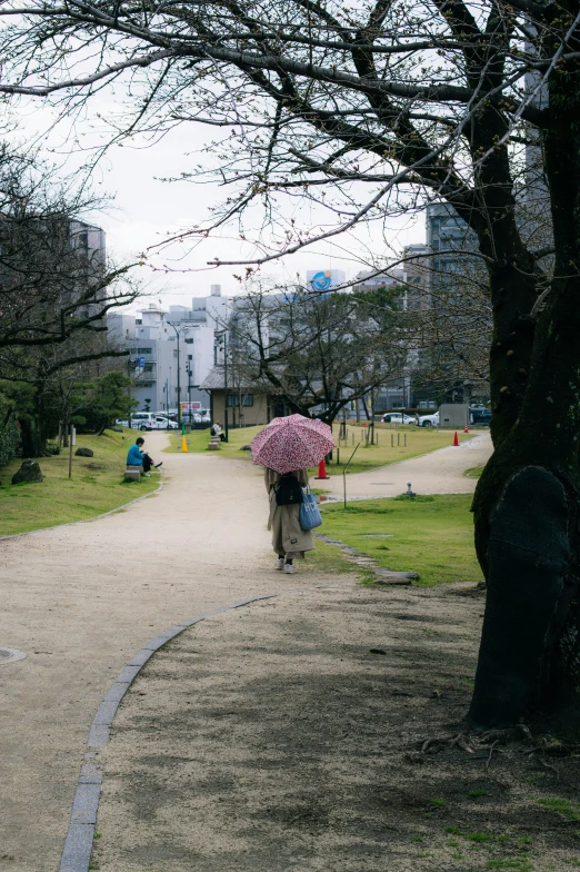 people walking down a paved path in the park