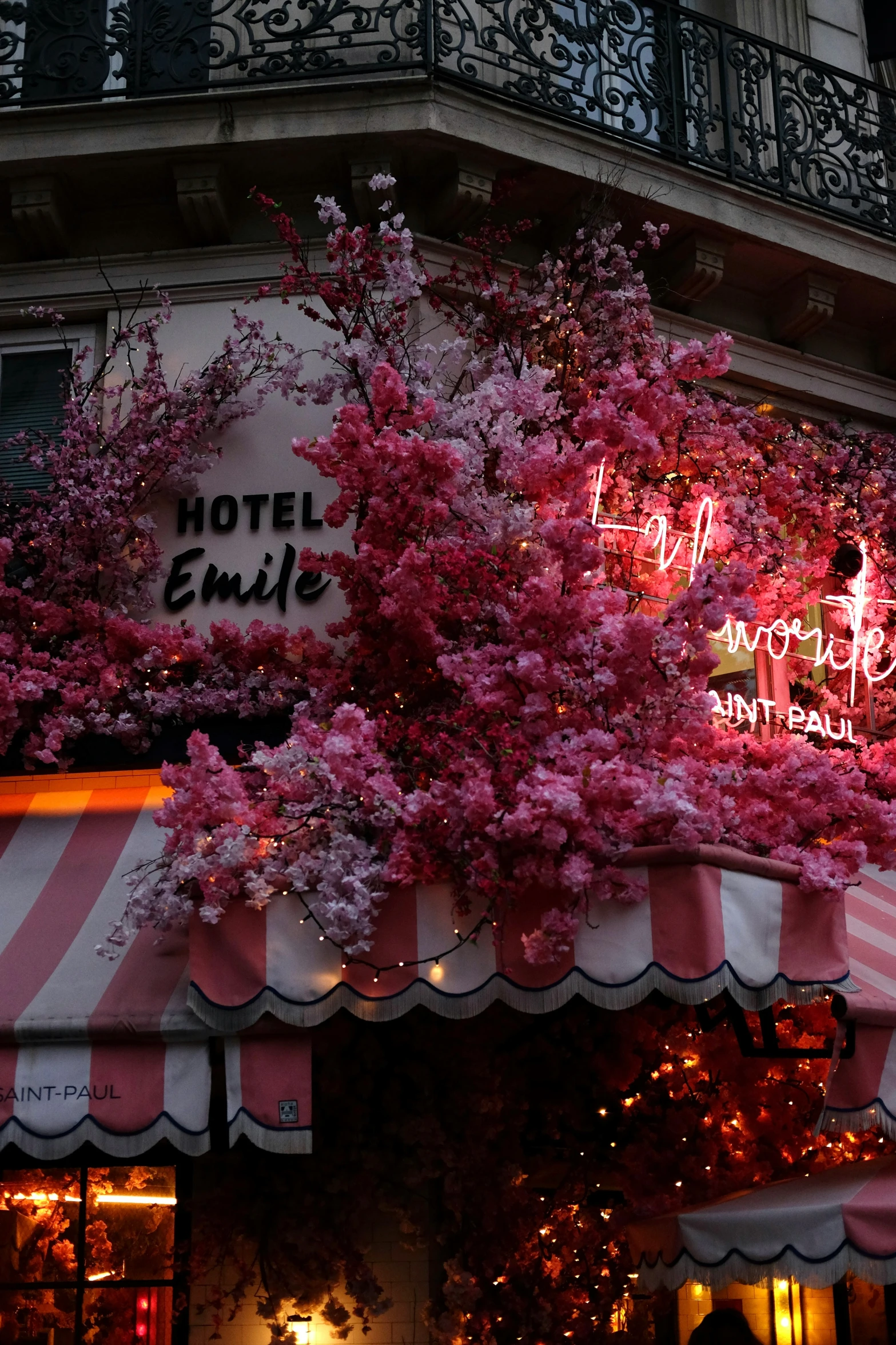 pink flowers are on the tree outside of a el