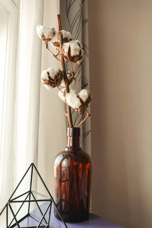 some cotton in a brown vase on a table