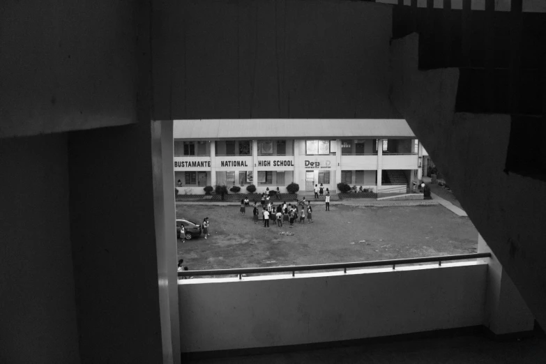 looking down at the front of a hospital building