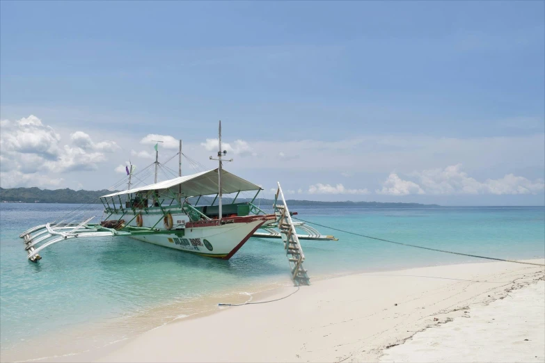 there is a large boat docked on the beach