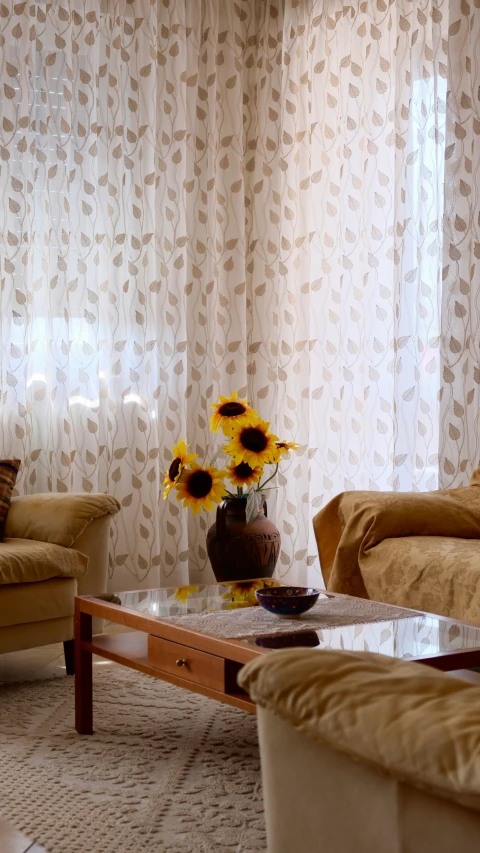 a living room filled with furniture and curtains