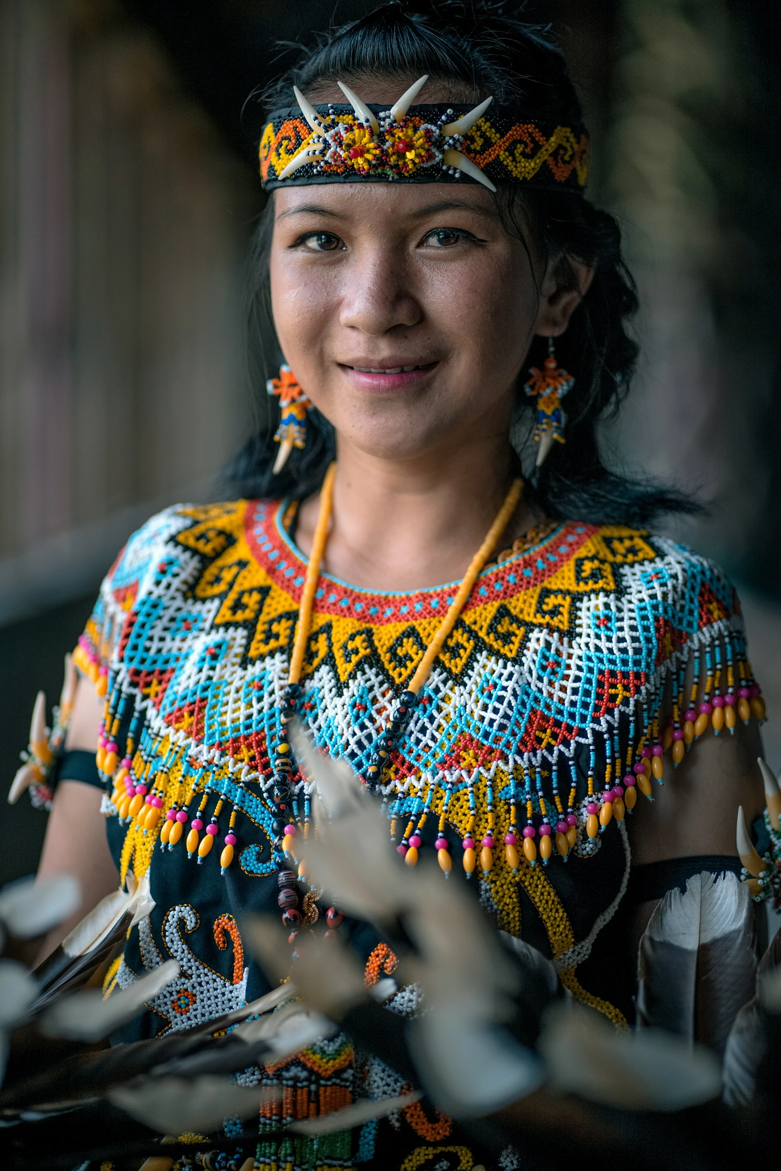 a person wearing a colorful shirt and a headdress with lots of feathers