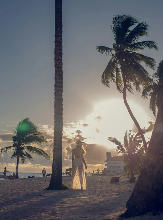 the woman is walking near the palm trees on the beach