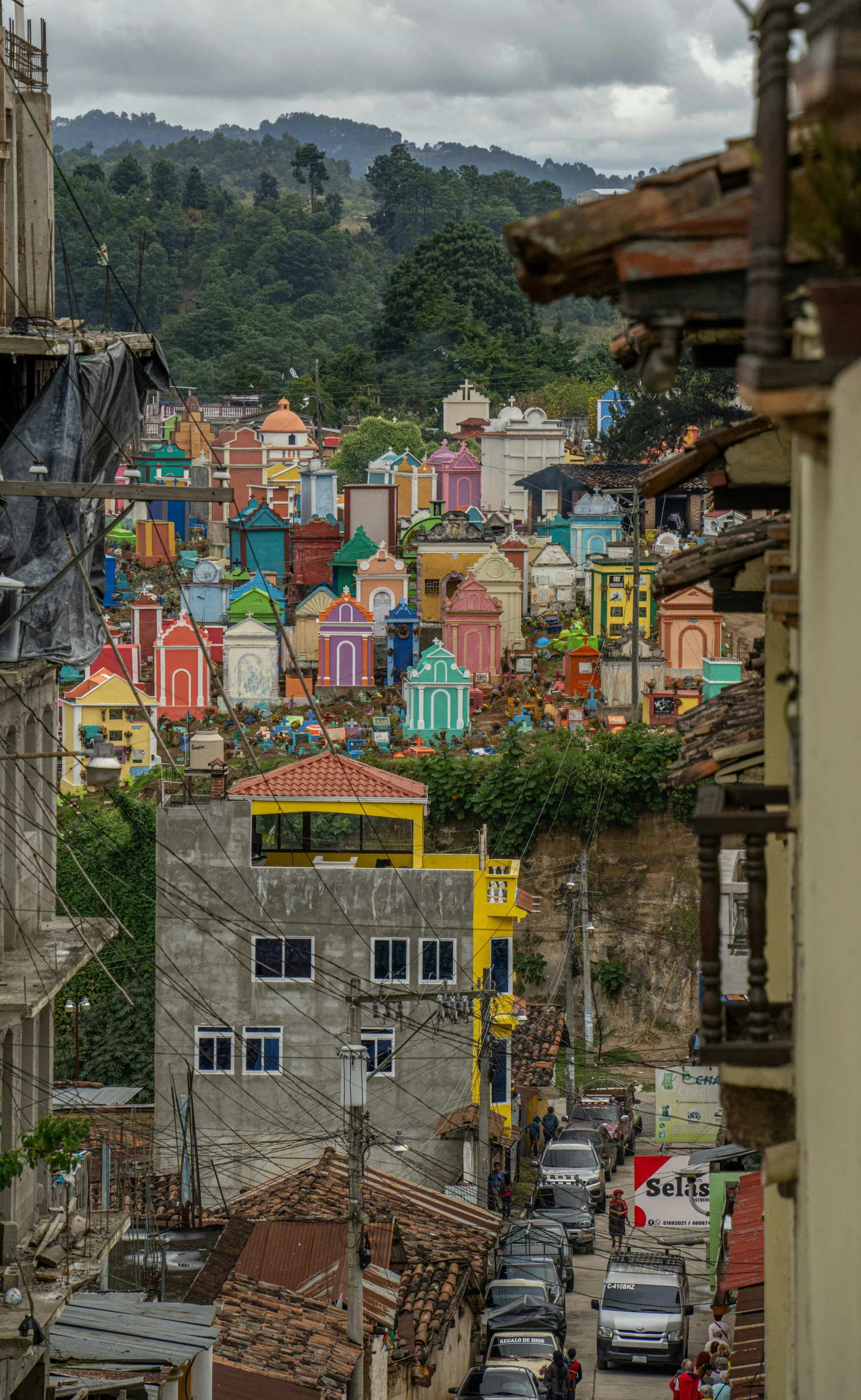 a view of some sort of city with a lot of colorful buildings