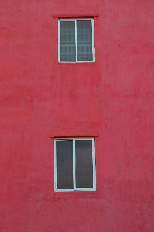 a red building with three windows and a cat