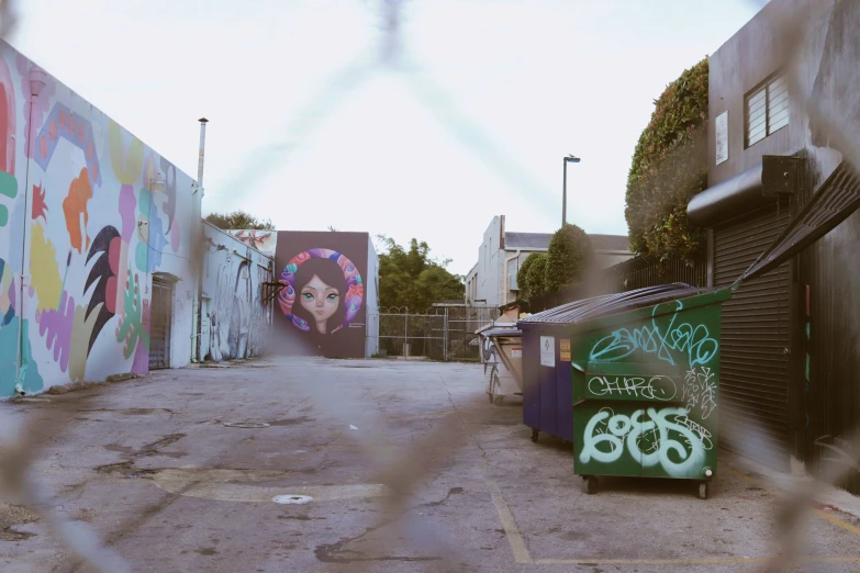 an alley with graffiti is seen through a fence