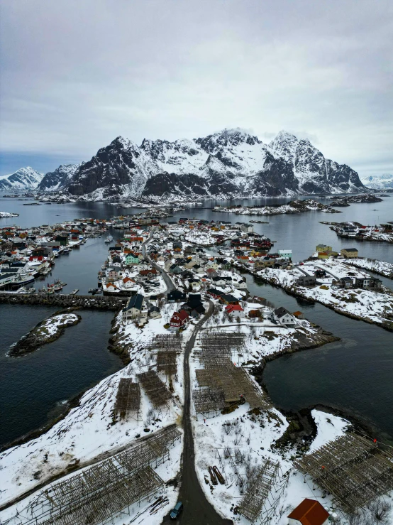 an aerial po looking down at a snowy city