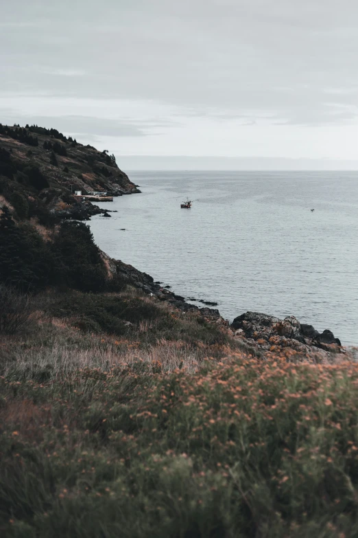 a lone boat on the ocean near an island