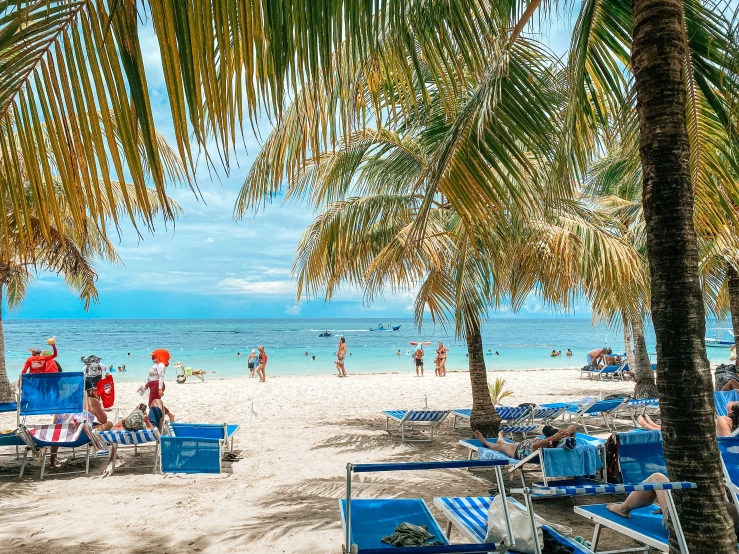 people enjoying a tropical beach resort by the ocean