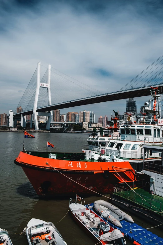 some boats docked and a bridge in the background