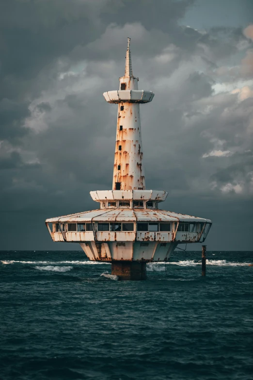 an old, white building sitting in the middle of the ocean