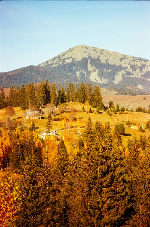 a mountain near a town covered in fall leaves