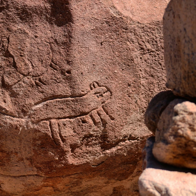 rock carvings with the image of a person in flight