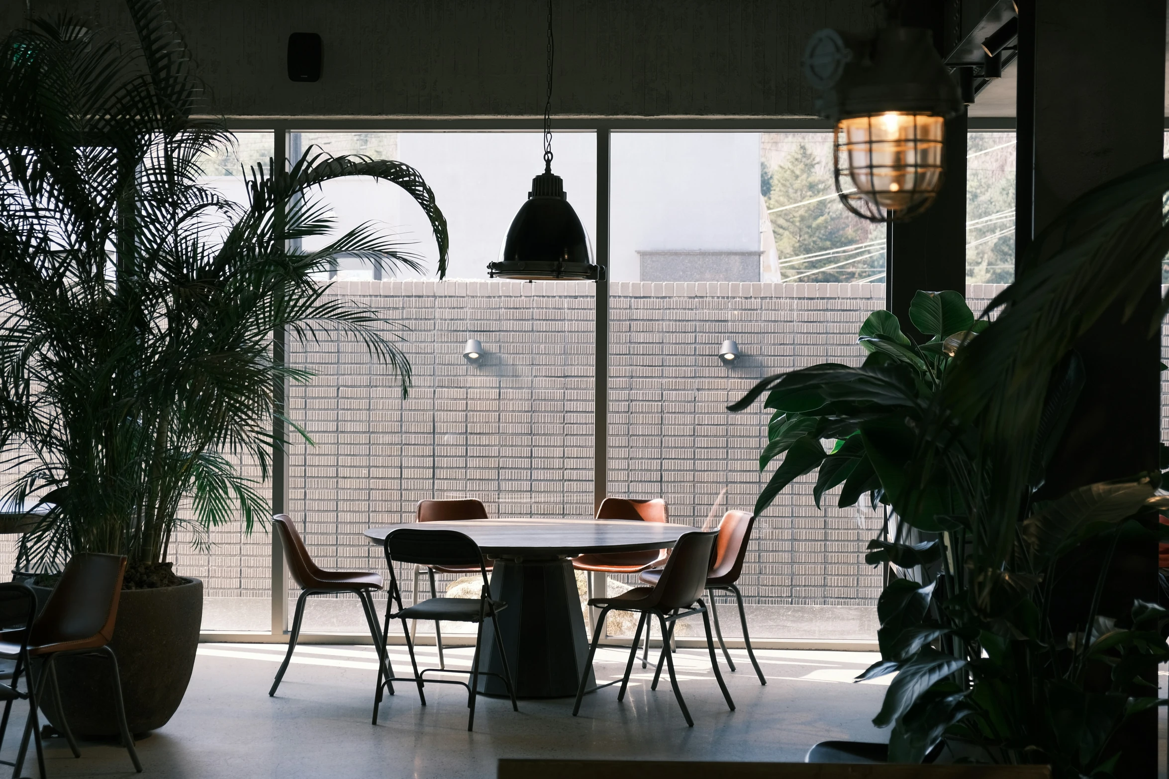 a dining table surrounded by potted plants