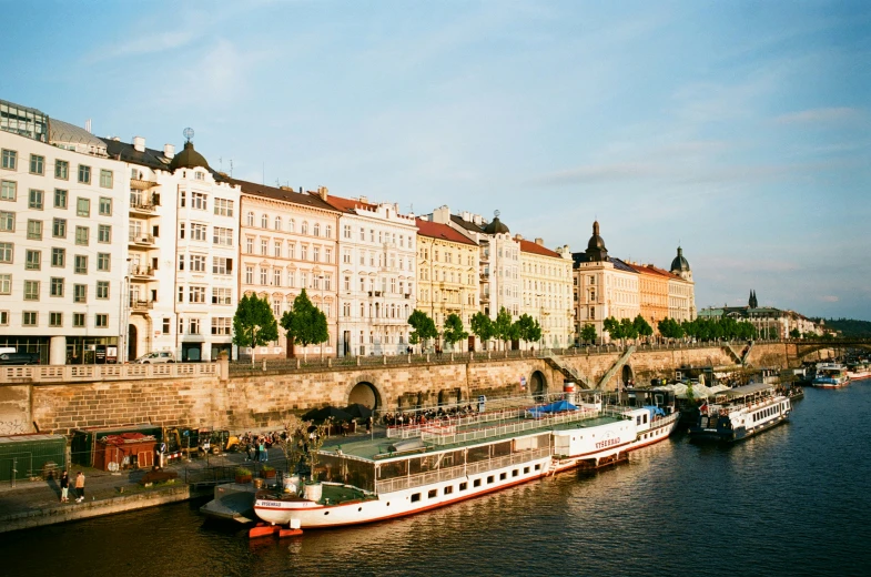 river scene with old and newer european buildings and ships