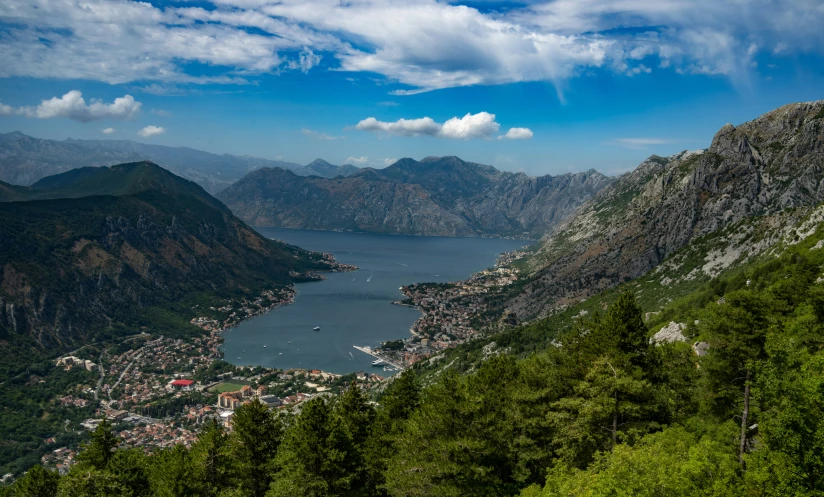 a picture of some hills and water with trees