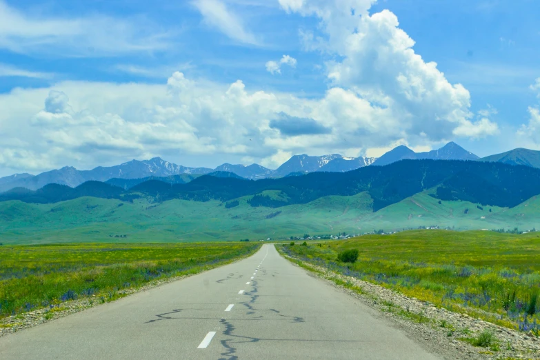 the road is long with a line of mountains in the distance