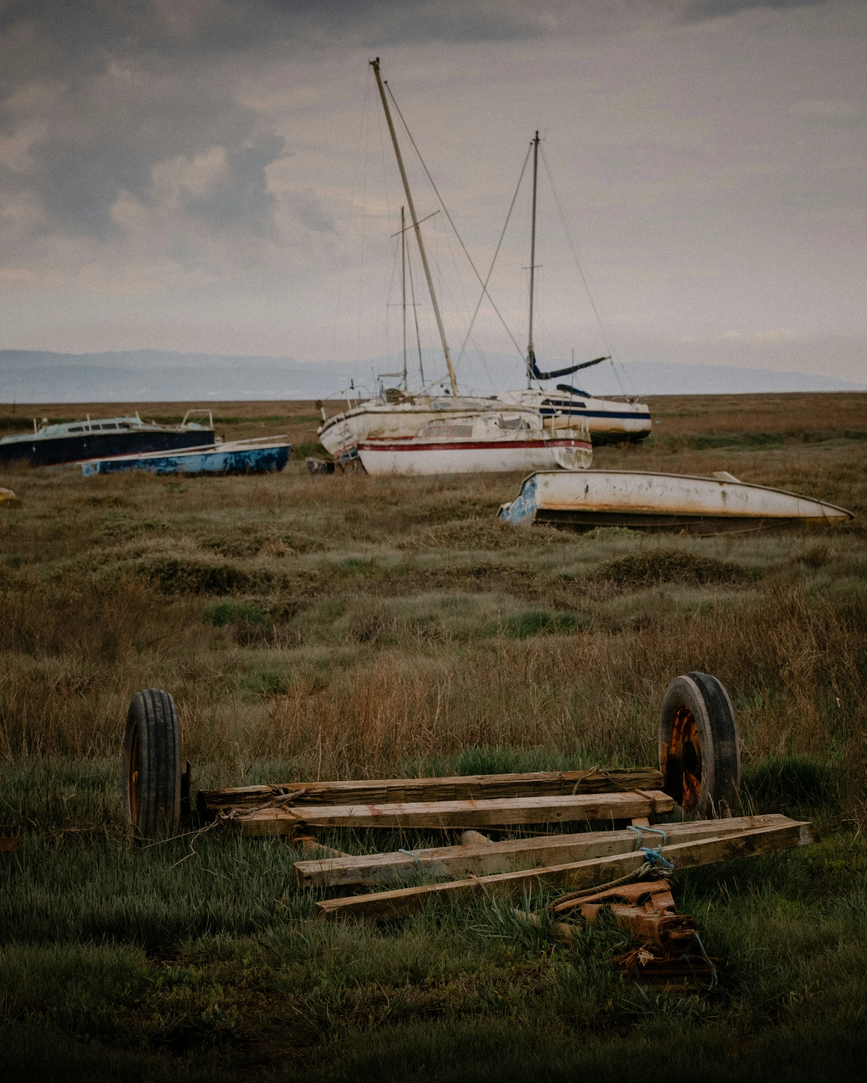 there is several boats docked in the grassy area