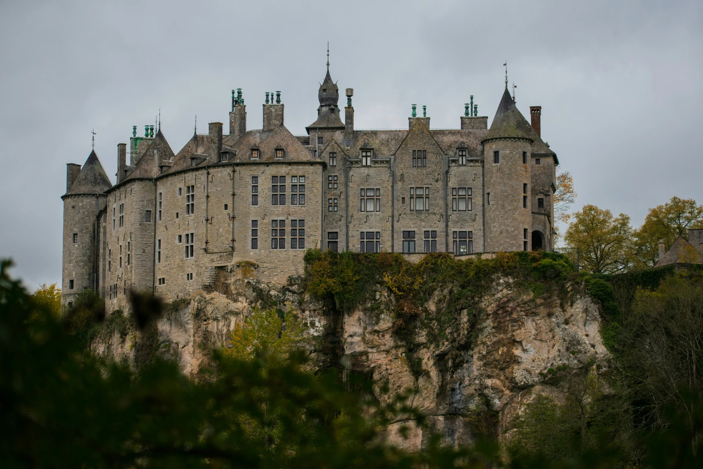 a castle built on top of a cliff surrounded by greenery