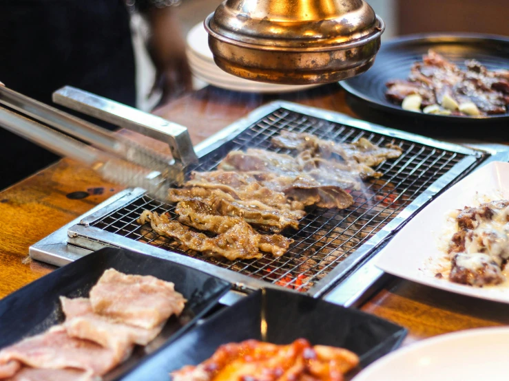 a food station full of different kinds of food