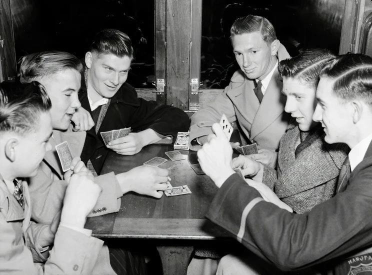 a black and white po of a group of people sitting at a table playing games