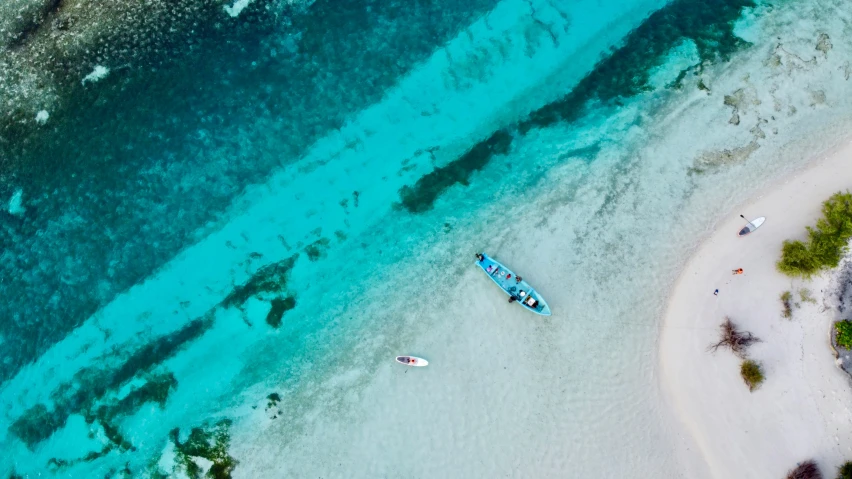 two canoes sitting on the shore of a sandy beach