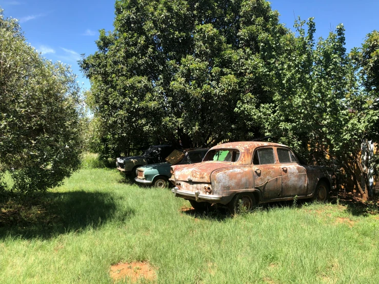 an old rusted car sitting in a green field