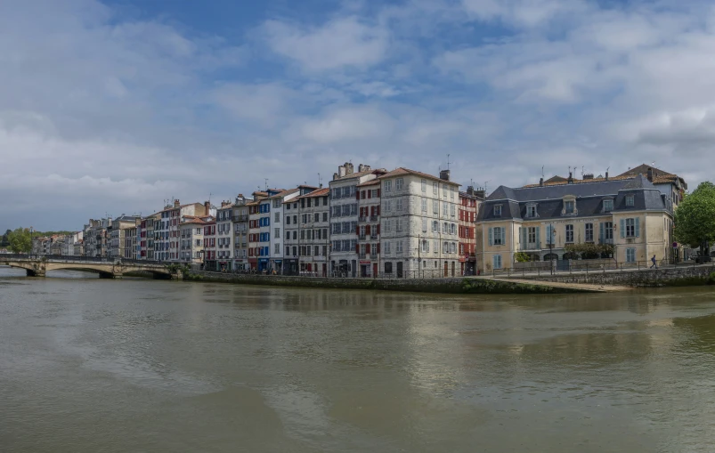 several buildings sit on the edge of a river