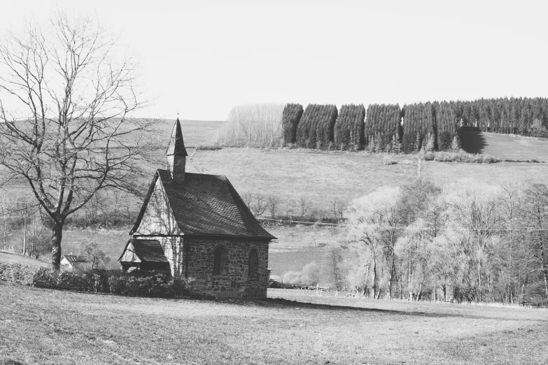 a house with steeple and spire stands out in the grass near a tree