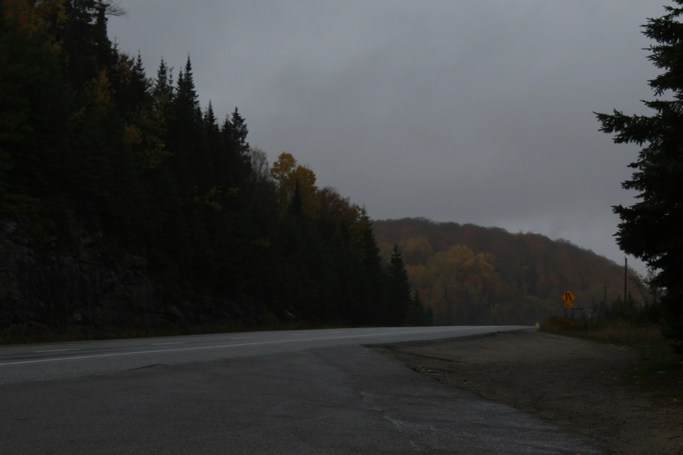 a dark roadway leads up to trees and mountains in the distance