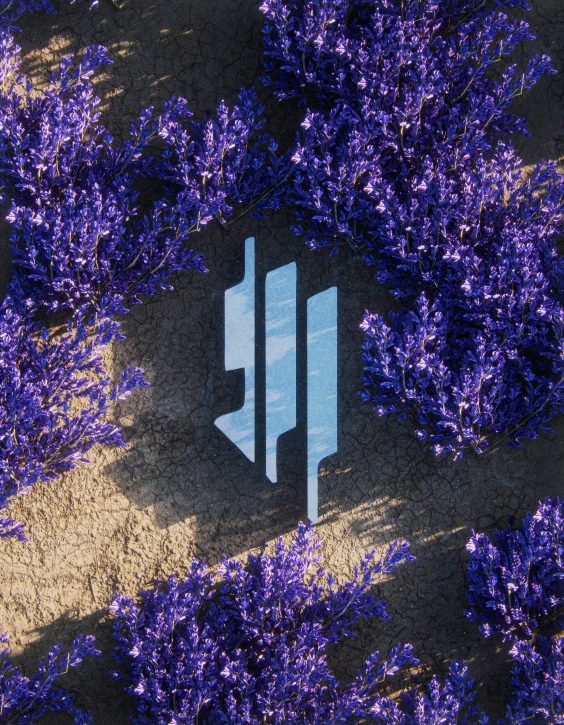 a blue arrow in a field of purple flowers