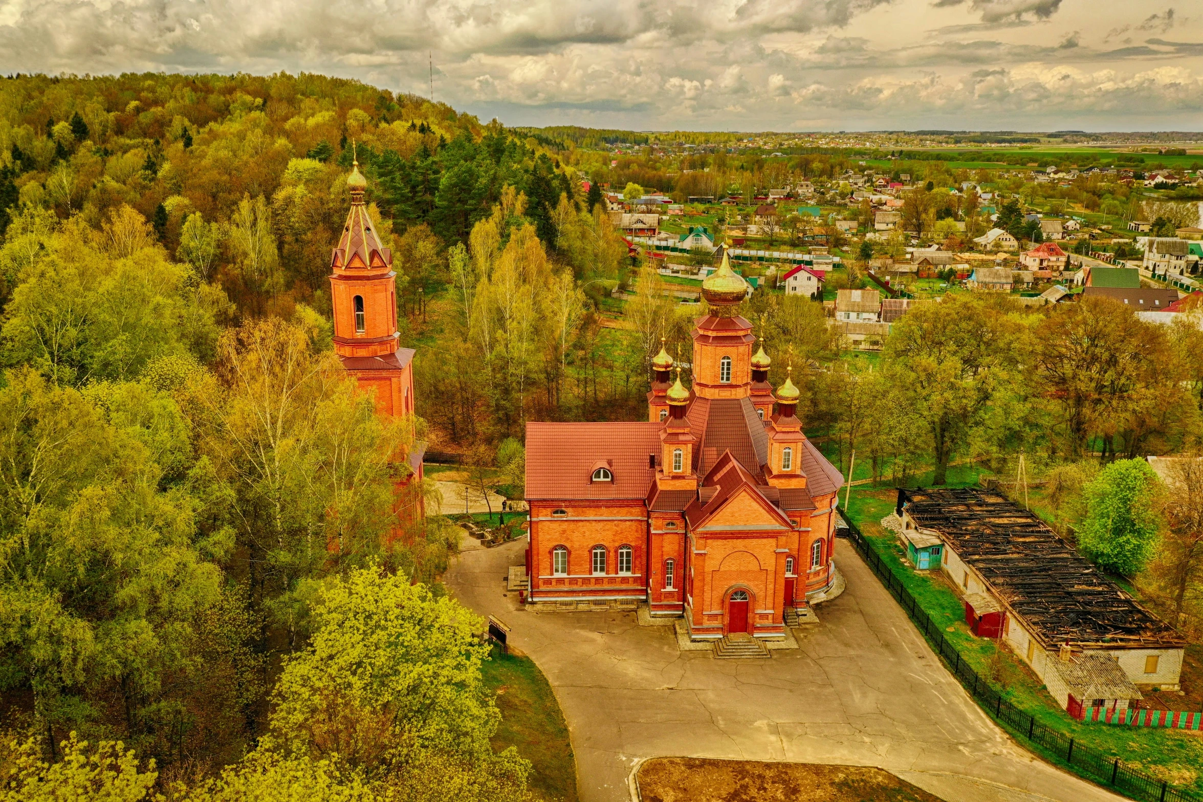 an aerial view of a very large building with spires