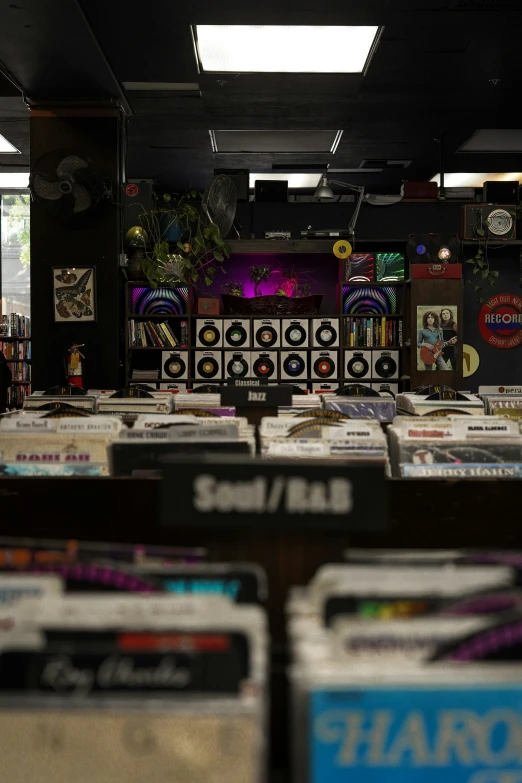 record store with lots of records on the shelves