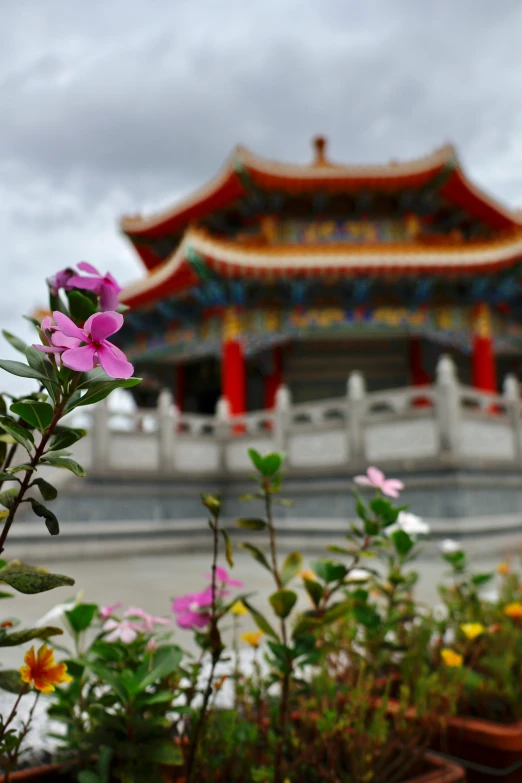 the building with red roof is surrounded by some colorful flowers