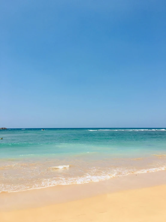 people on a beach with blue water and clear skies