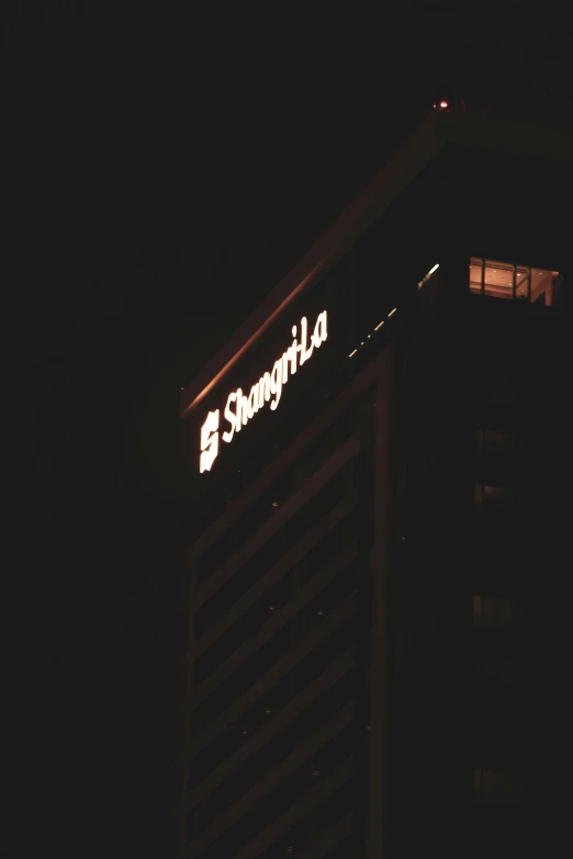 the bright name of the building is lit up in the dark