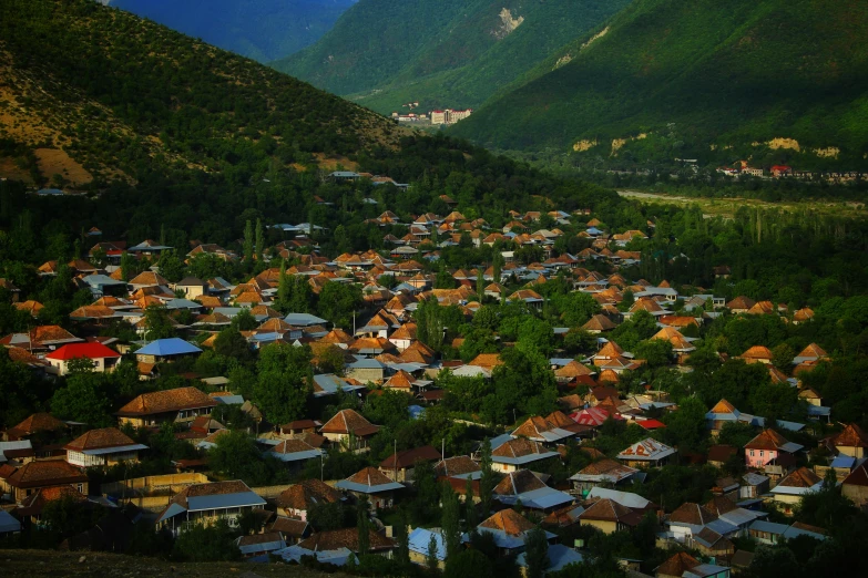 a city nestled among some mountains and trees